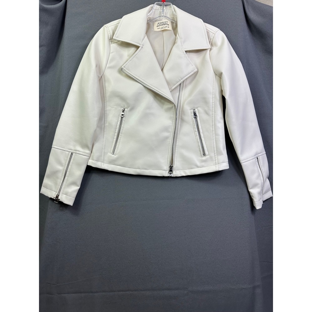 Ashley by 26 International Women Off White Faux Leather Moto Biker Jacket size 8